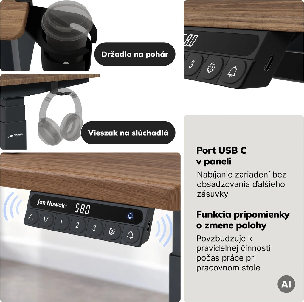 Elektrický stôl s reguláciou výšky ergonomický antracitový/orech,1600x800 mm: ARIA