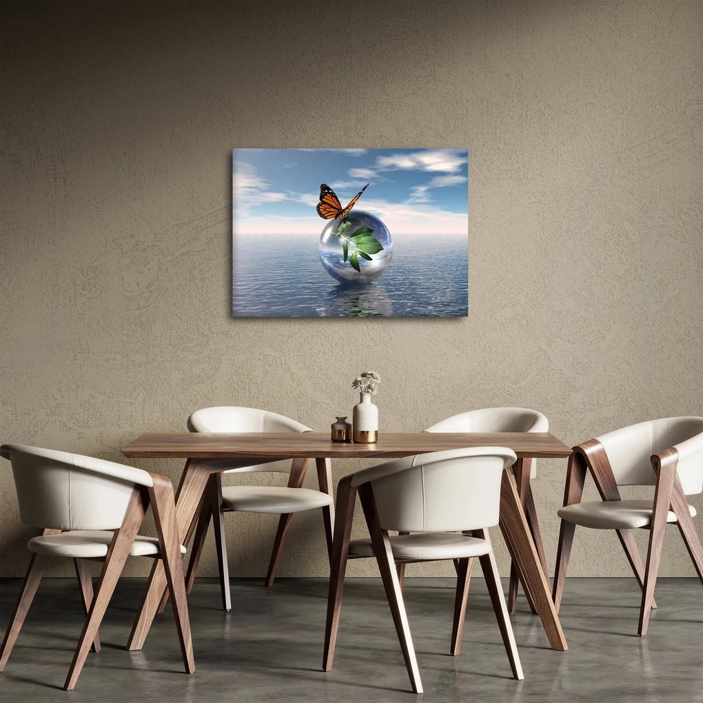 Obraz motýľa na sklenenej guli (70x50 cm)