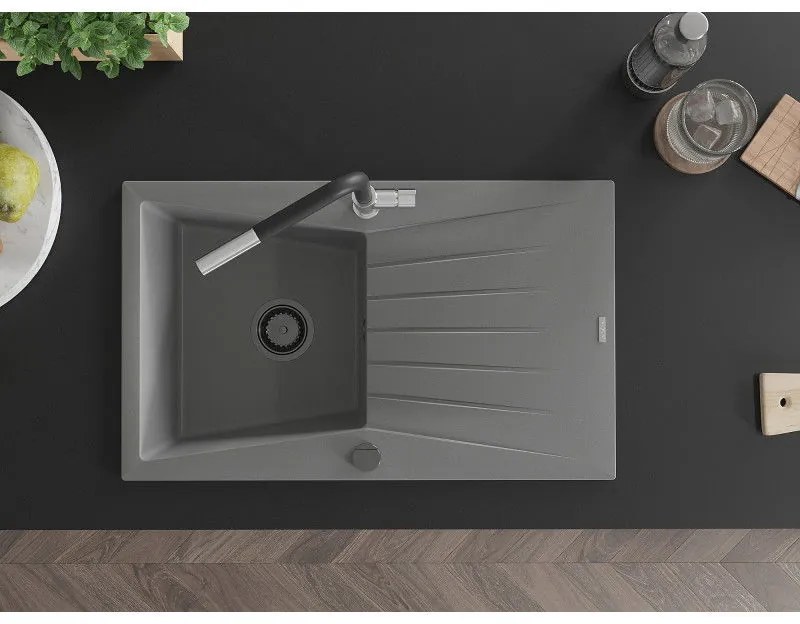 Mexen Cesar, 1-komorový granitový drez 775x470x190 mm a drezová batéria Flora, šedá, 6514-71-670401-07-B