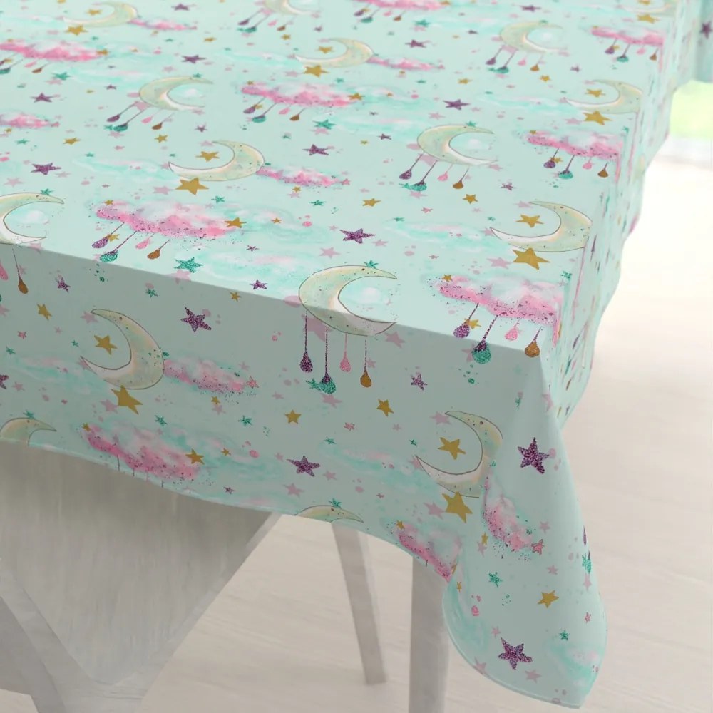 Biante Detský bavlnený obdĺžnikový obrus Sandra SA-522 Mesačná obloha na mintovom 60x100 cm