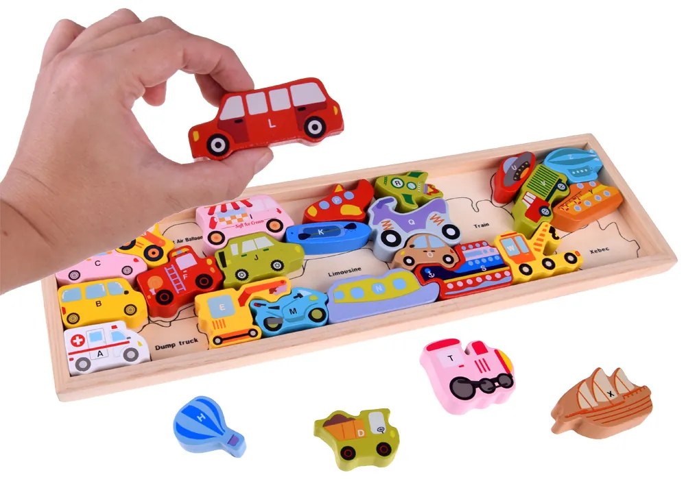 Drevené puzzle Vozidlá s písmenkami 27 dielikov Inlea4Fun