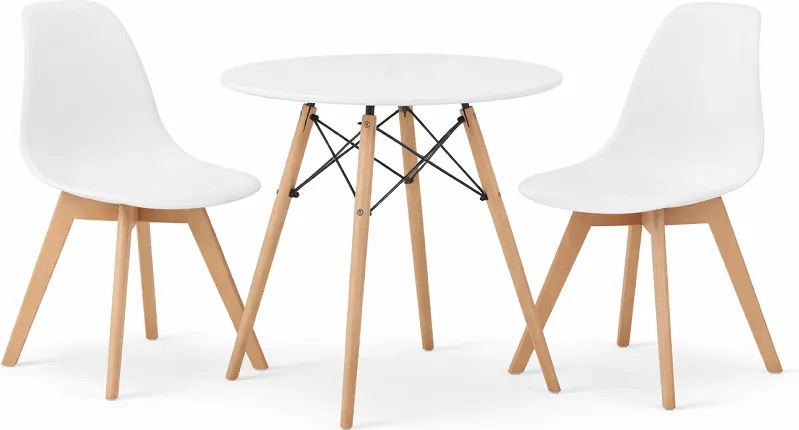 Okrúhly jedálenský set: Todi 60 cm biely + 2 ks Kito biela / prírodné nohy