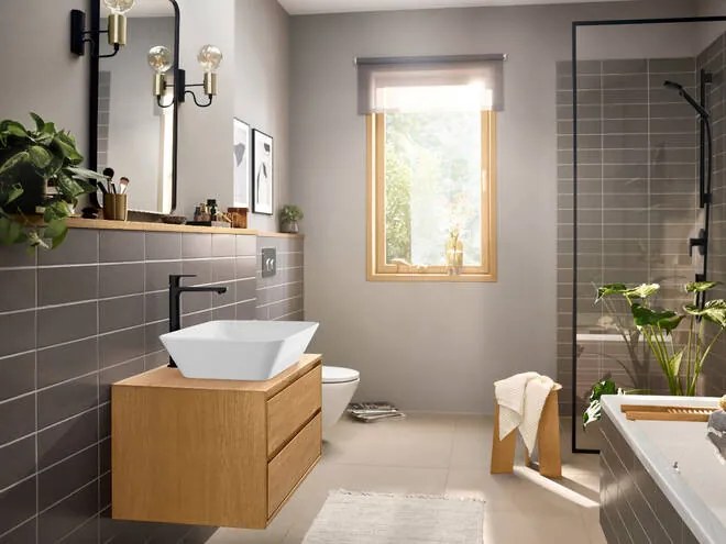 Hansgrohe Rebris E, vysoká umývadlová batéria 240 s odtokovou súpravou s tiahlom, CoolStart, EcoSmart, čierna matná, HAN-72591670