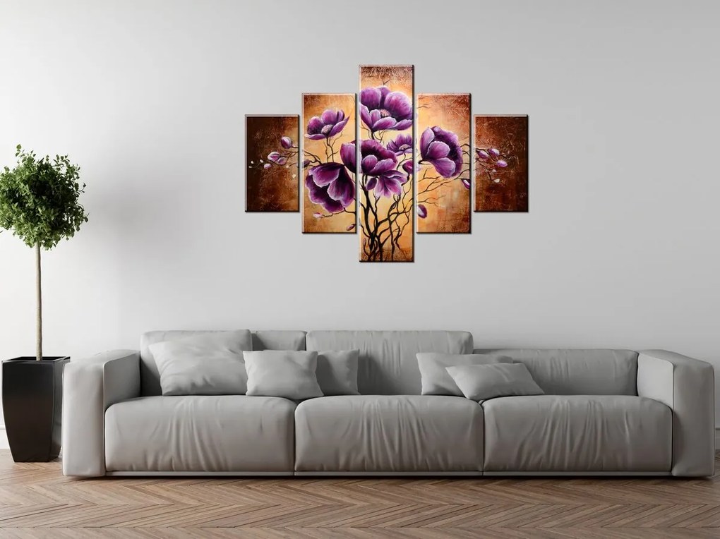 Gario Ručne maľovaný obraz Rastúce fialové kvety - 5 dielny Rozmery: 100 x 70 cm