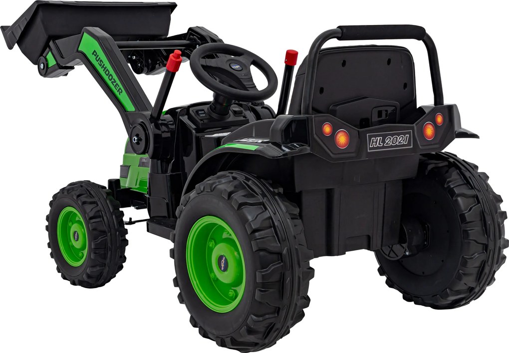 Ramiz Detský traktor na batérie Zelený + pohyblivé rameno s lyžicou + diaľkové ovládanie + pomalý štart + FM rádio + LED