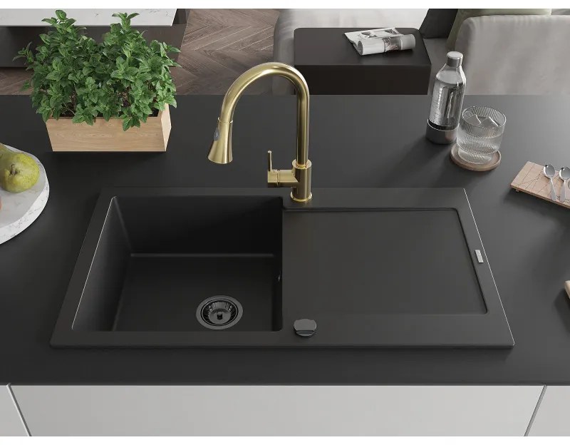 Mexen Leo, 1-komorový granitový drez 900x500x190 mm a drezová batéria Elia, čierna, 6501-77-670101-50-B