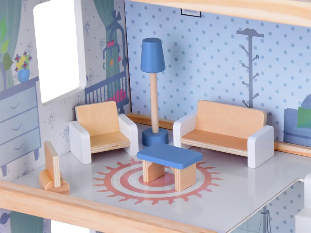 Drevený modrý domček pre bábiky + nábytok+ terasa Jokomisiada ZA5273