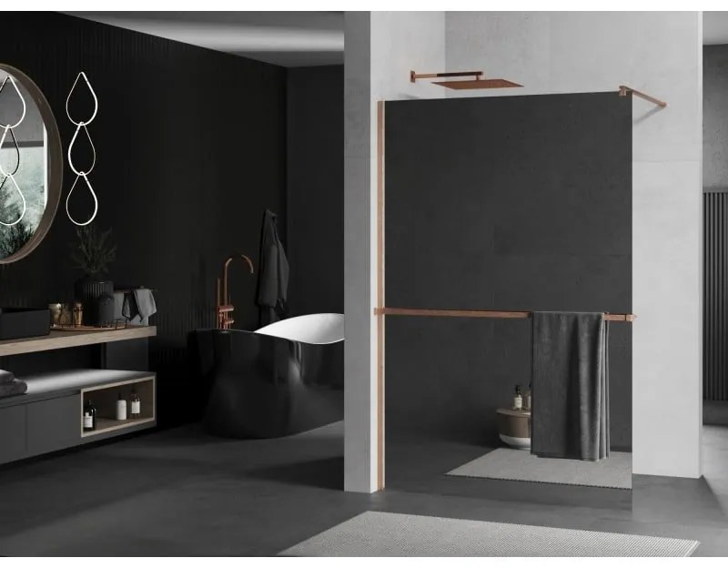 Mexen Kioto+, sprchová zástena Walk-In s poličkou a vešiakom 110 x 200 cm, 8mm sklo vzor zrkadlo, medený matný profil, 800-110-121-65-50