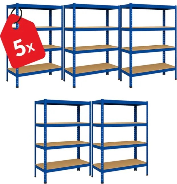 Akcia 5x Regál 150x70x30 cm lakovaný 4-policový, nosnosť 700 kg - modrý
