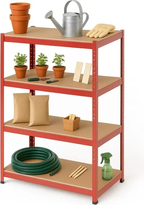 Regál 150x70x30 cm lakovaný 4-policový, nosnosť 700 kg - červený - 2ks