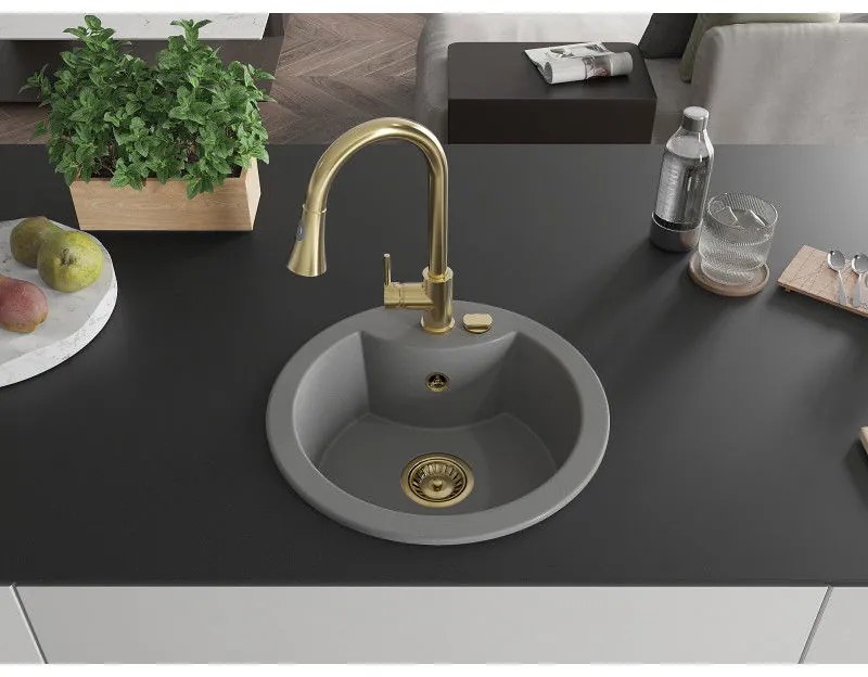 Mexen Diego, 1-komorový granitový drez 488x488x167 mm a drezová batéria Elia, šedá, 6512-71-670101-50