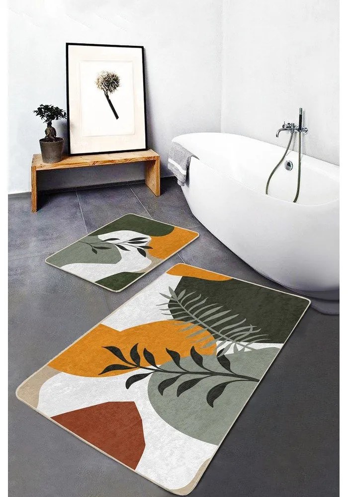 Zelené zamatové kúpeľňové predložky v súprave 2 ks 60x100 cm Illustrated Autumn – Mila Home