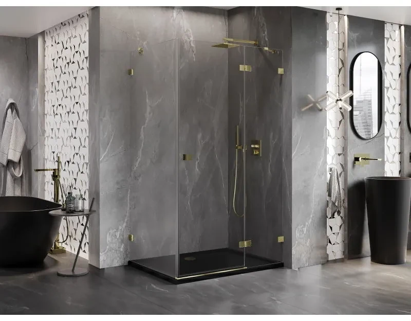 Mexen Lunar, pravostranný výklopný sprchový kút 85 x 70 cm, 8mm číre sklo, zlatý profil, 834-085-070-50-00-P