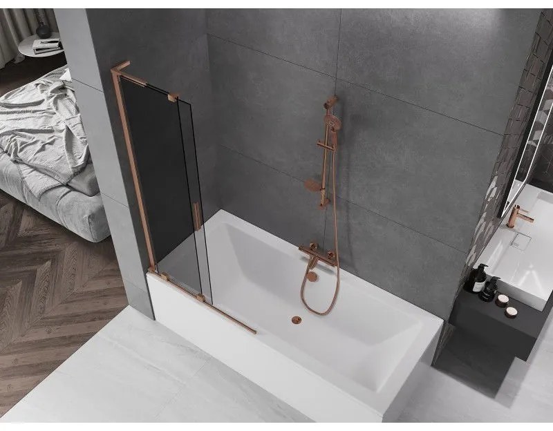 Mexen Velar L, 2-krídlová posuvná vaňová zástena 95 x 150 cm, 8mm šedé sklo, medená matná, 896-095-003-41-65