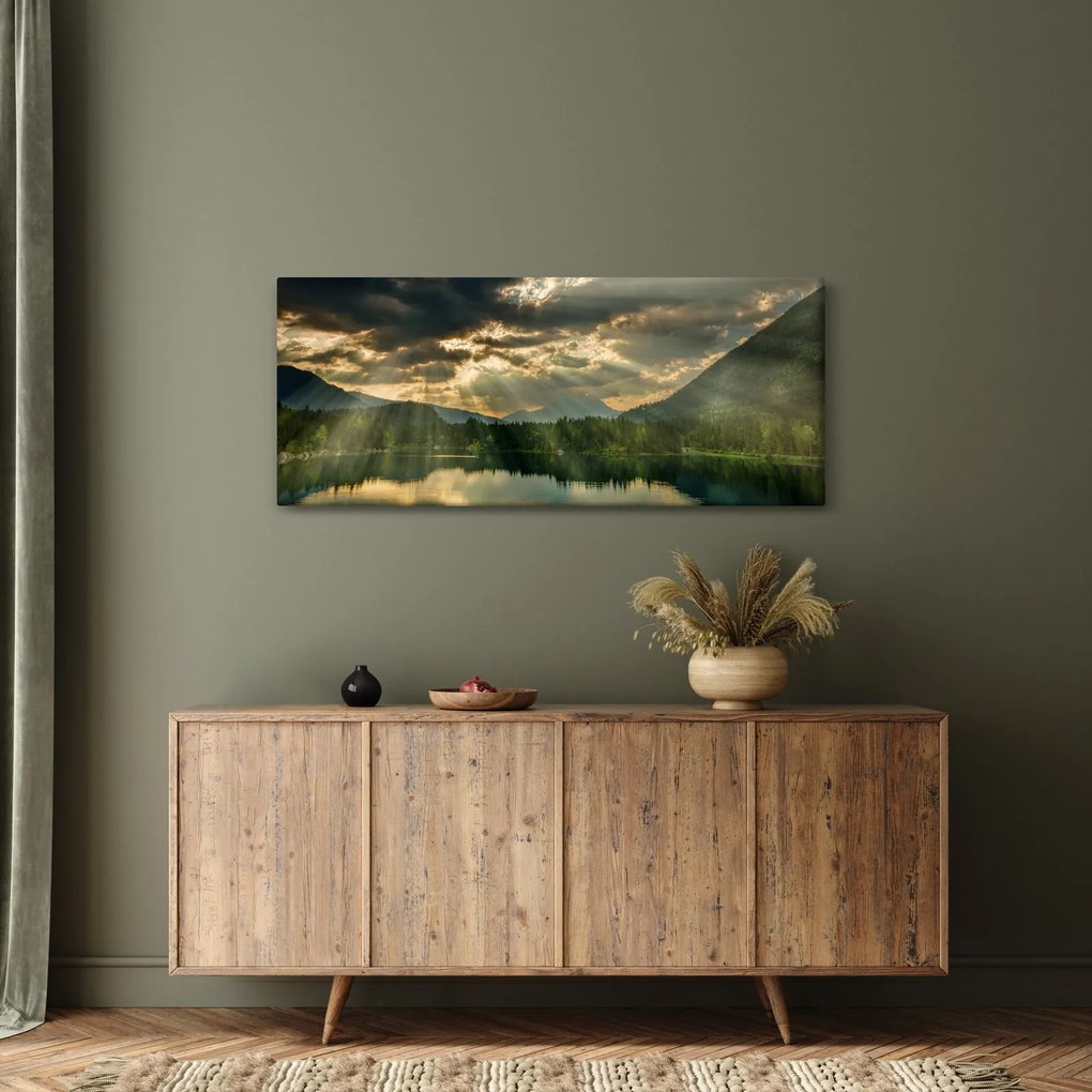 Obraz jazera s presvitajúcim slnkom (120x50 cm)