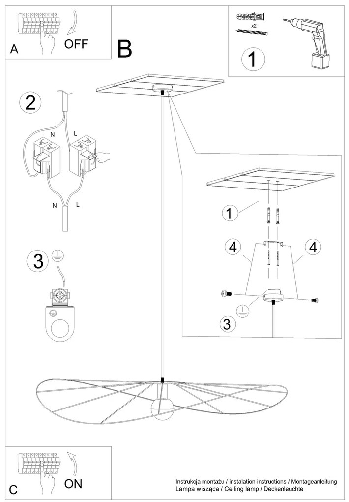 Závesné svietidlo Eskola, 1x čierne drôtené tienidlo, (fi 140 cm)