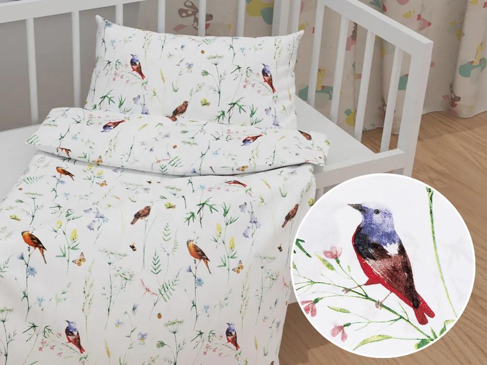 Biante Detské bavlnené posteľné obliečky do postieľky Sandra SA-392 Lúčne kvietky s vtáčikmi Do postieľky 90x140 a 40x60 cm