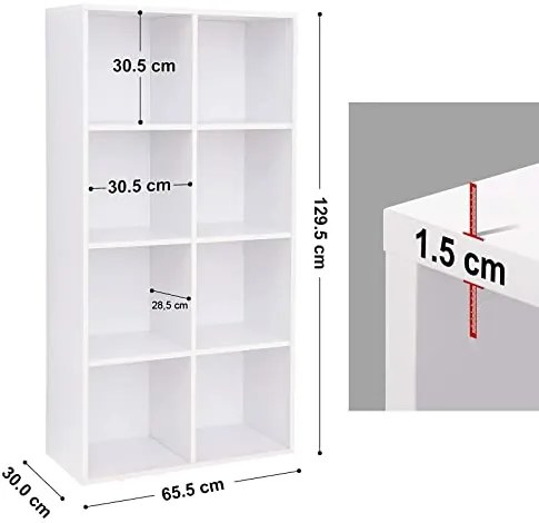 Regál do obývačky, 8 políc, 129,5x65,5x30cm, biely