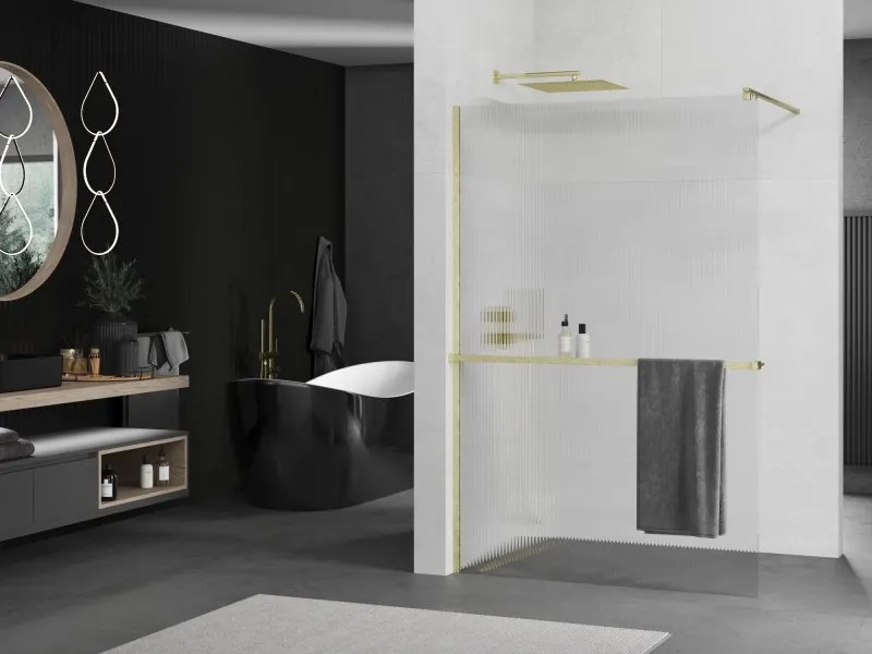 Mexen Kioto+, sprchová zástena Walk-In s poličkou a vešiakom 90 x 200 cm, 8mm sklo s rebrovým vzorom, zlatý matný profil, 800-090-121-55-09