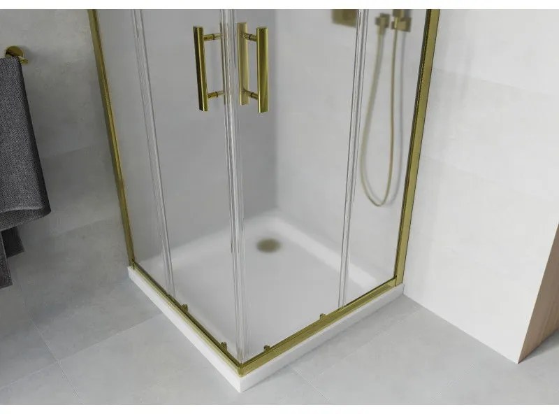 Mexen Rio, štvorcový sprchovací kút s posuvnými dverami 90(dvere) x 90(dvere) x 190 cm, 6mm sklo námraza, zlatý profil + biela sprchová vanička SLIM, 860-090-090-50-30-4010G