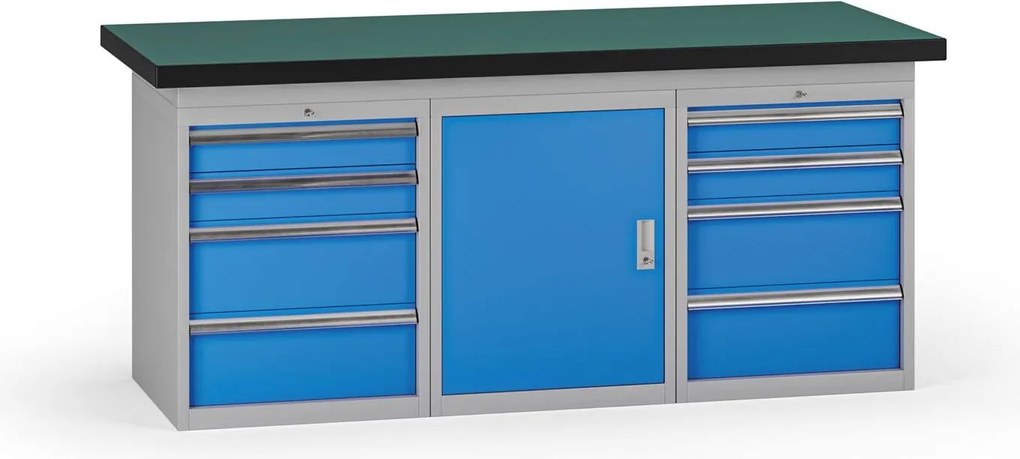 Pracovný stôl do dielne G8, 1800 x 750 x 800 mm, 1x skříňka, 2x kontejner, 8 zásuvek, modrá