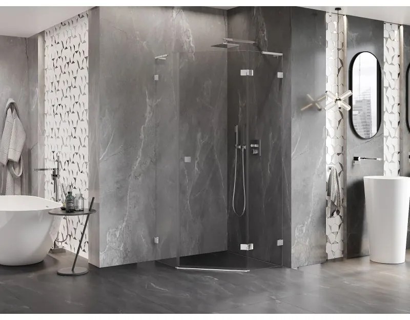 Mexen Lunar, L pravý výklopný päťuholníkový sprchový kút 80 x 80 cm, 8mm číre sklo, chrómový profil, 831L-080P-080L-01-00-P