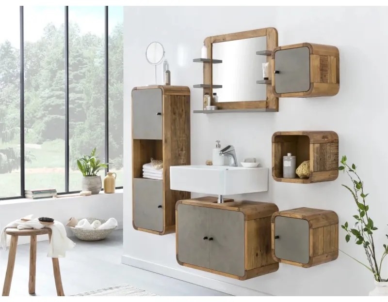 furniture-nabytek.cz - Masívna kúpeľňová skrinka Dingle z recyklovanej borovice a MDF, lakovaná, prírodná / šedá – 40×25×110 cm