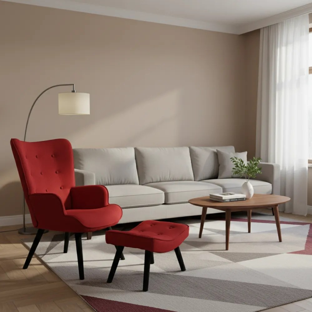 Kreslo ušiak CORDU + taburet — masív, látka, čierna / červená