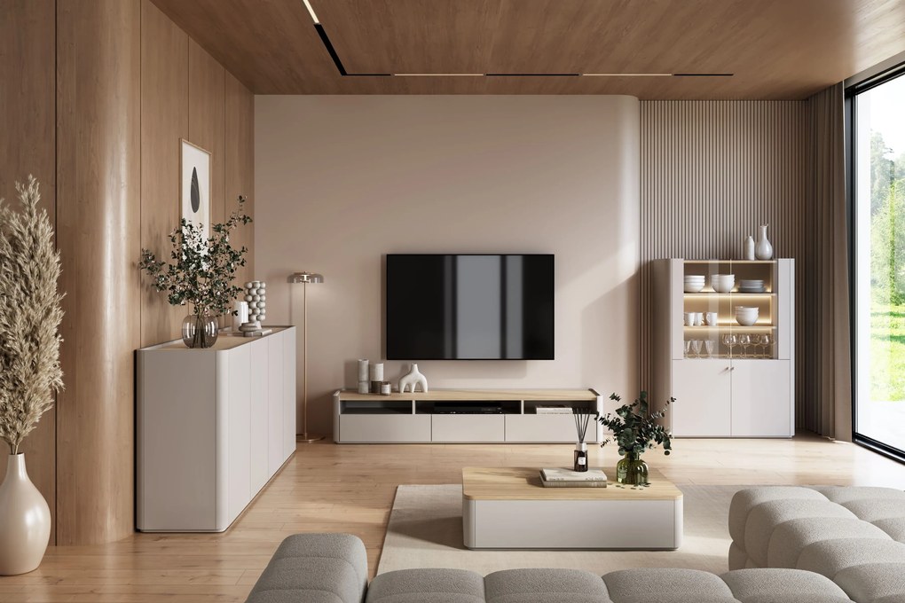 TV stolík Elivo 200 cm s dvoma zásuvkami - kašmír / olejovaný dub