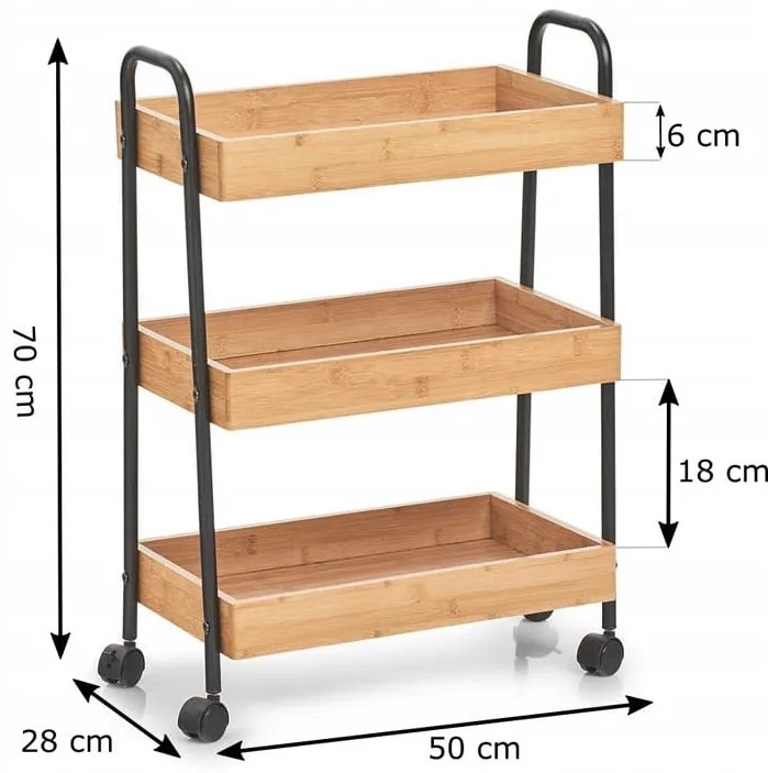Pojazdný regál, vozík s 3 úložnými boxmi, bambus, čierny kov TROLLEY