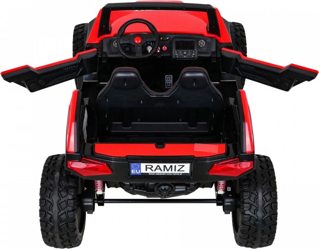Ramiz Clash batériový kočík pre 2 deti Červený + diaľkové ovládanie + pohon 4x4 + nastavenie sedadla + rádio MP3 + LED