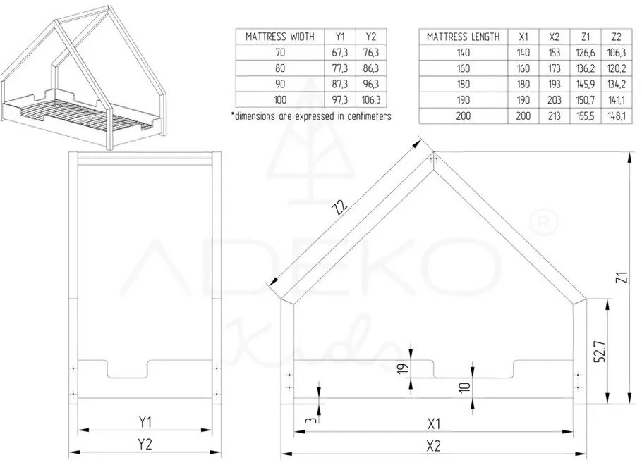 Domčeková detská posteľ z borovicového dreva Adeko Loca Dork, 90 x 200 cm