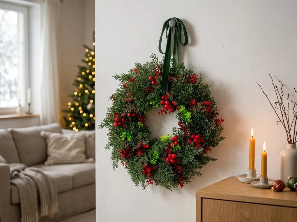 Adventný veniec na dvere RED BERRIES Ø 35 cm, zelený/červený