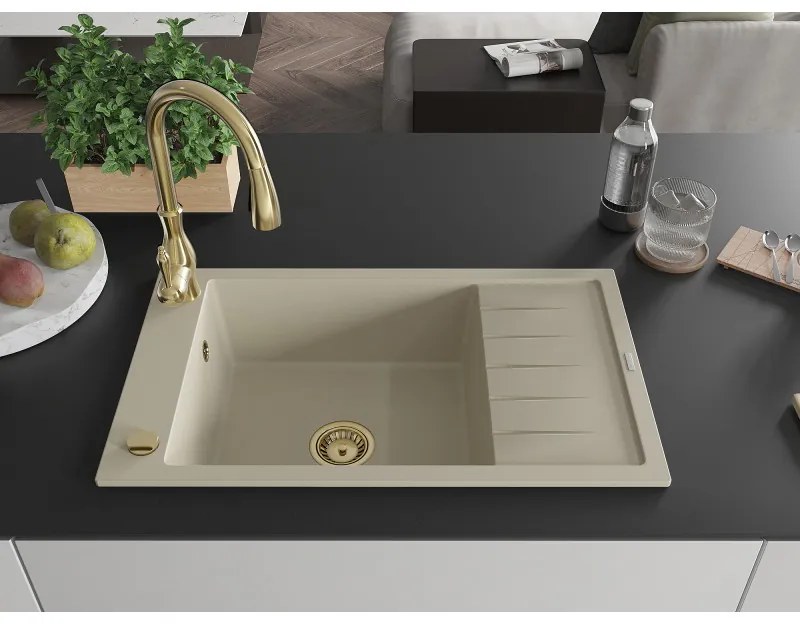 Mexen Elias, 1-komorový granitový drez 795x480x200 mm a drezová batéria Savita, béžová, 6511-69-672601-50