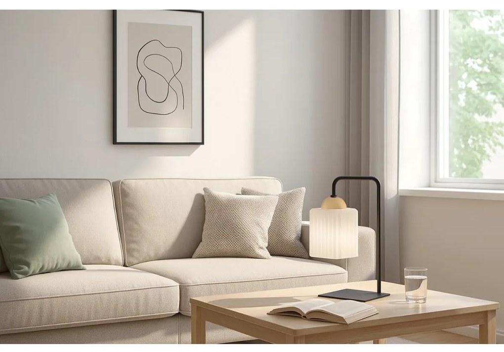 Stolná lampa Riffle Square, 1x biele sklenené tienidlo, b/g