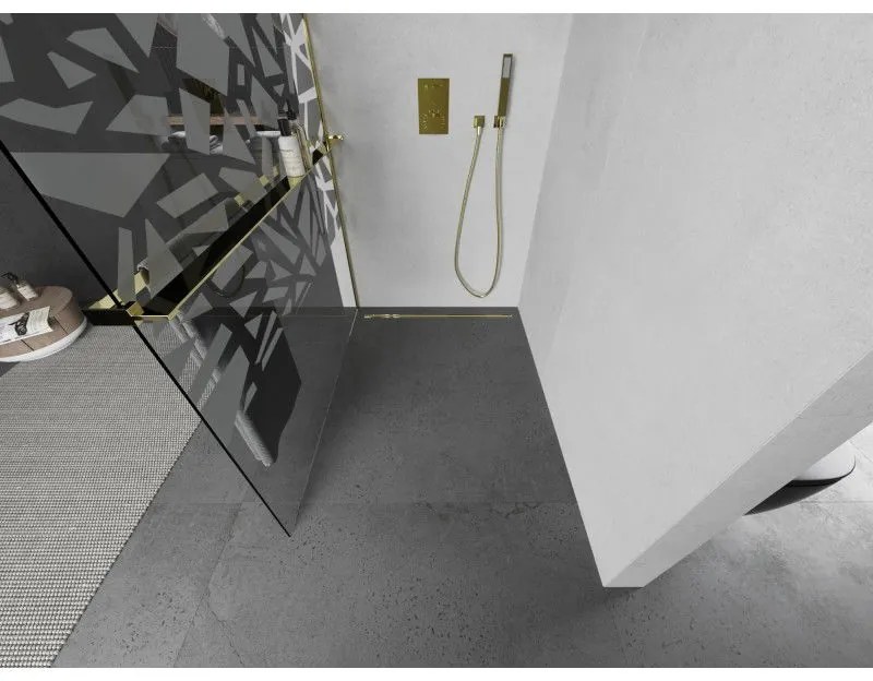 Mexen Kioto+ L, sprchová zástena Walk-In s poličkou a vešiakom 70 x 200 cm, 8mm číre sklo biely vzor, zlatý lesklý profil,800-070-123-50-85
