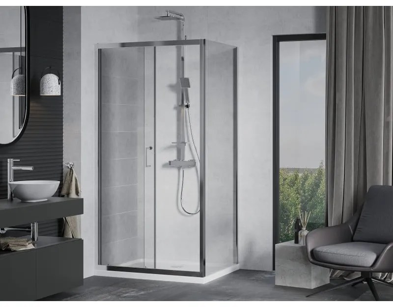Mexen Apia, sprchový kút s posuvnými dverami 140 (dvere) x 70 (stena) cm, 6mm číre sklo, chrómový profil + slim sprchová vanička 5cm, 840-140-070-01-00-4010