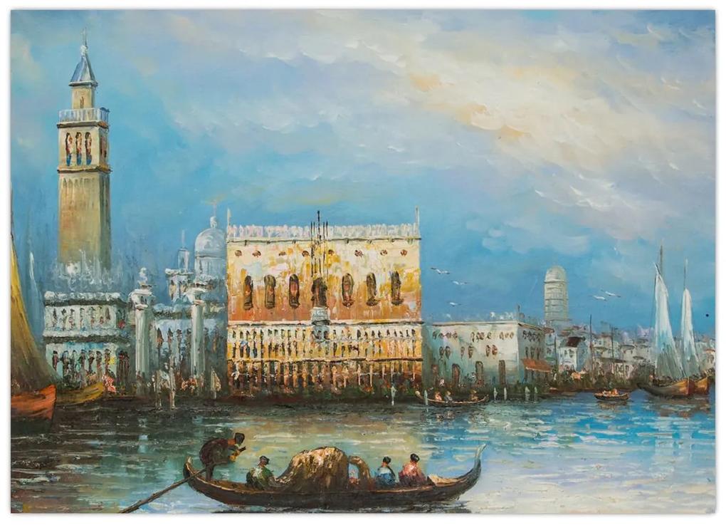 Sklenený obraz - Gondola prechádzajúca Benátkami, olejomaľba (70x50 cm)