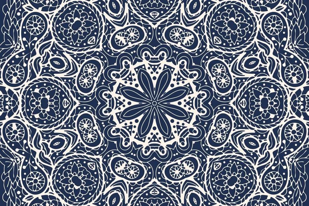 Samolepiaca tapeta biela Mandala na modrom pozadí - 450x300