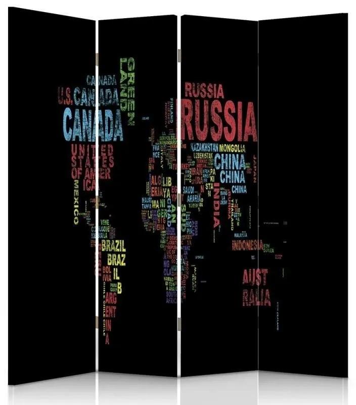 Ozdobný paraván Názvy zemí na mapě světa - 145x170 cm, štvordielny, obojstranný paraván 360°