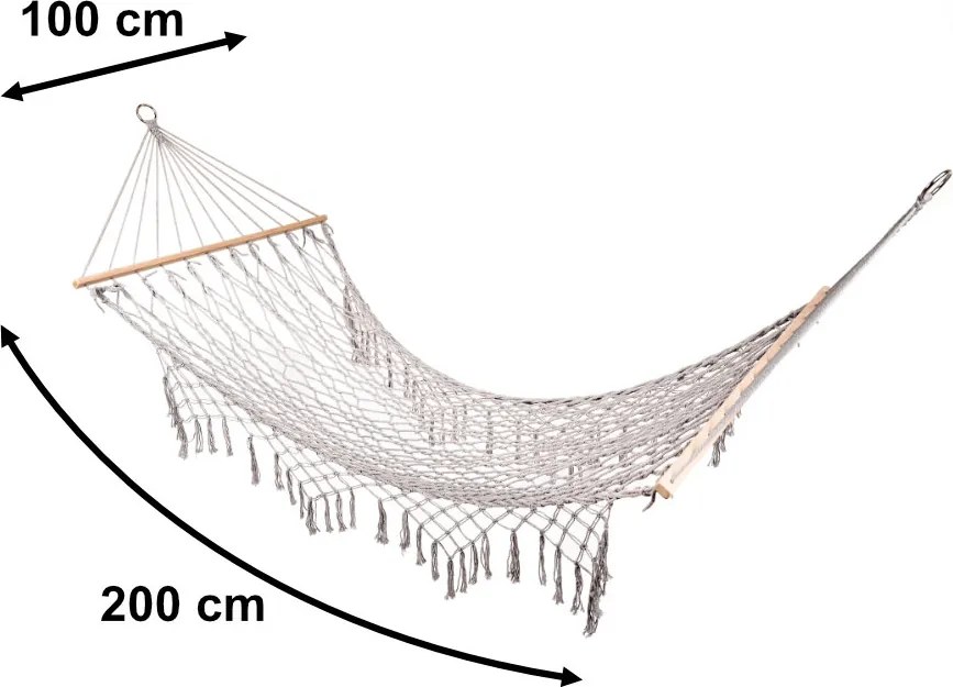 Záhradná hojdacia sieť KIK boho s dreveným rámom, 200 cm, sivá