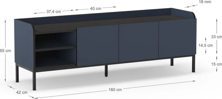 Modrý TV stolík 160x55x42 cm Adara – Marckeric