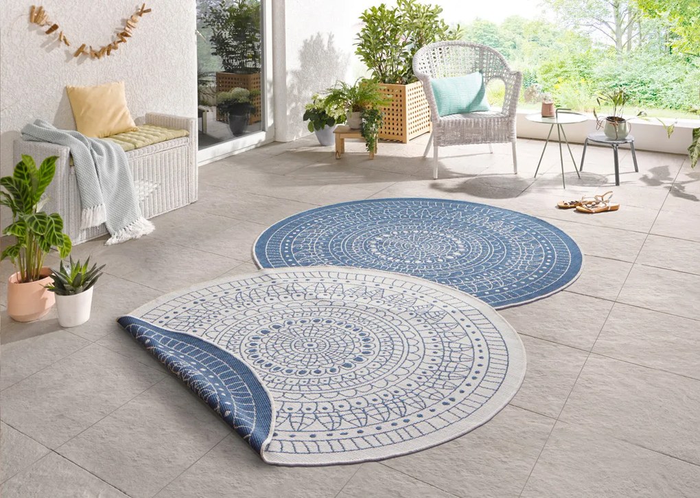 NORTHRUGS - Hanse Home koberce Kusový koberec Twin-Wendeteppiche 103104 creme blau – na von aj na doma - 200x200 (priemer) kruh cm