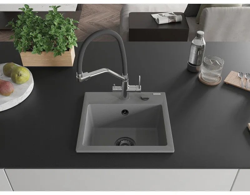 Mexen Milo, granitový drez 435x410x171 mm, 1-komorový a drezová batéria Duo, šedá, 6505-71-671701-07-B
