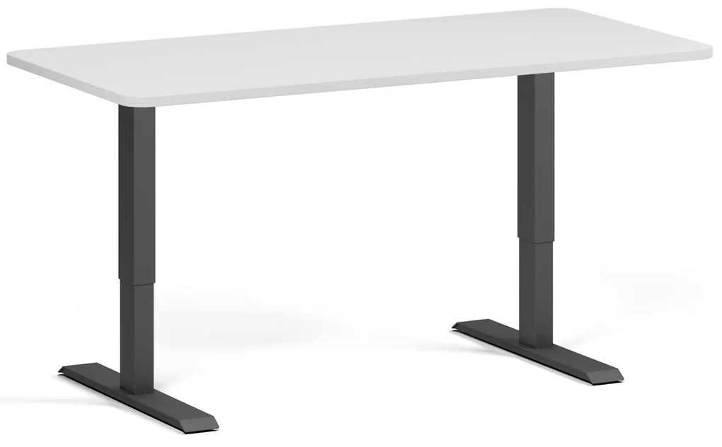 Výškovo nastaviteľný stôl, 160x80 cm, 2 motory, zaoblené rohy, čierna podnož, biela