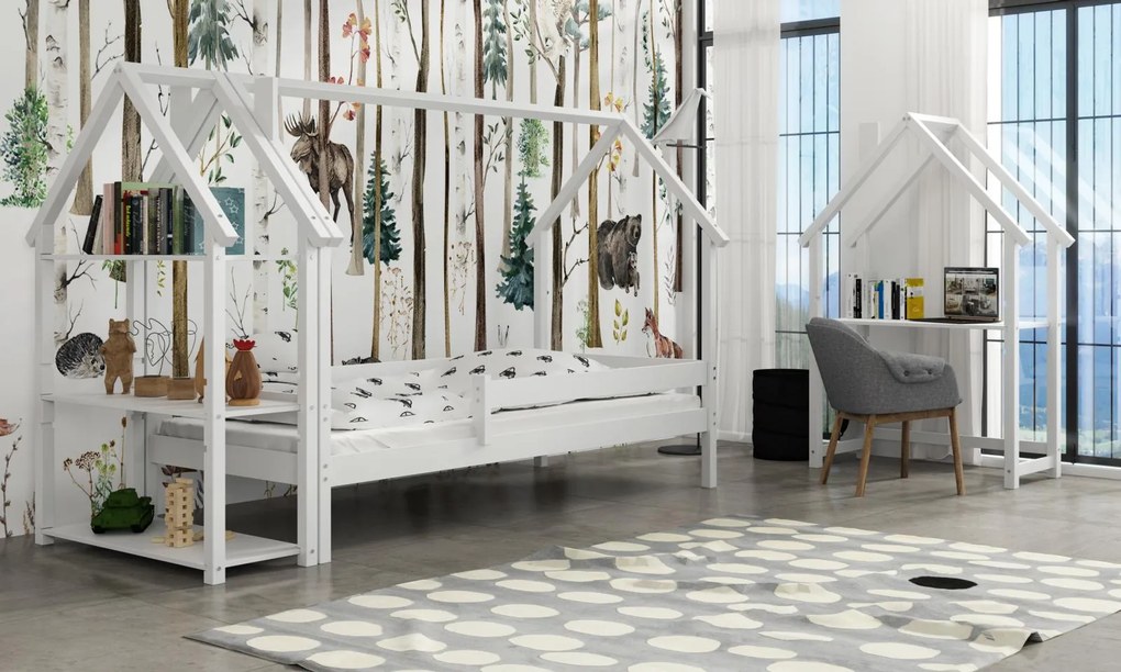 Detská domčeková posteľ z masívu borovice LUCKY HOUSE s prístelkou - 200x90 cm - biela