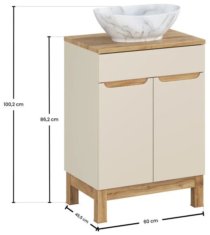 Koupelnová skříňka Bali Casad Pati s deskou a umyvadlem 60 cm kašmírová/dub wotan