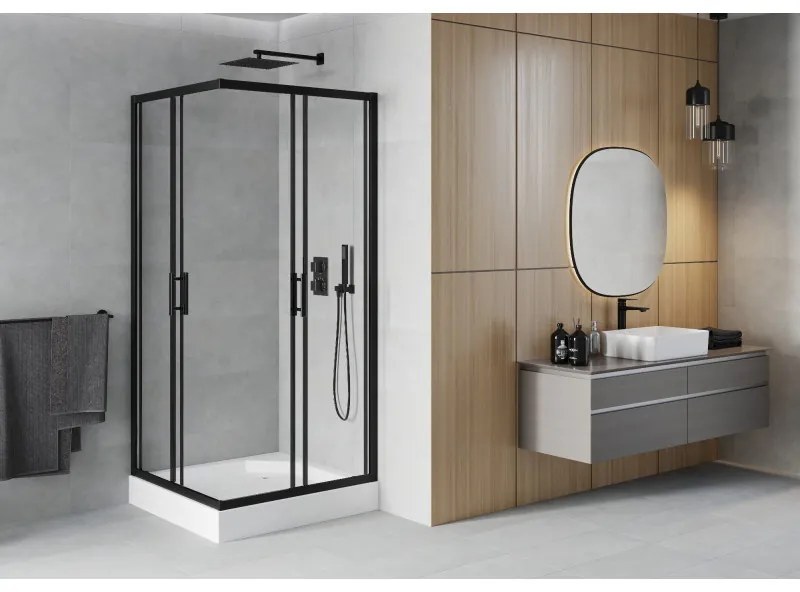 Mexen Rio, štvorcový sprchovací kút s posuvnými dverami 90 x 90 cm, 6mm číre sklo, čierny profil + biela vysoká vanička Rio, 860-090-090-70-00-4510