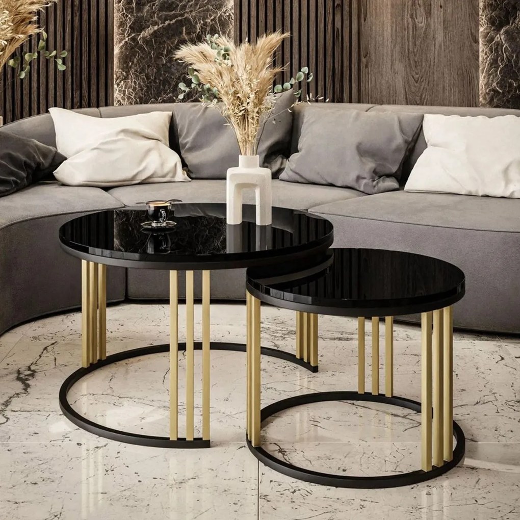 OKRÚHLY KONFERENČNÝ STOLÍK 2v1 LEONARDO 2 ČIERNY LESK / ZLATÝ / BLACK