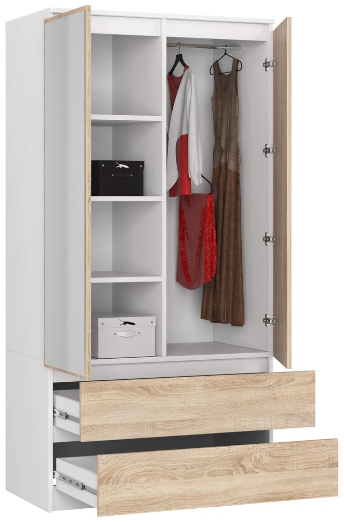 Šatníková skriňa Star so zrkadlom 90 cm biela/dub sonoma